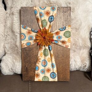 Decorative Wood And Fabric Cross with Floral Accents…Handmade